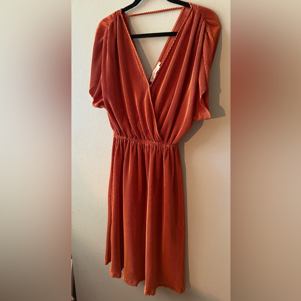 Orange Plunge Neck Midi Sundress with Dolman Sleeves